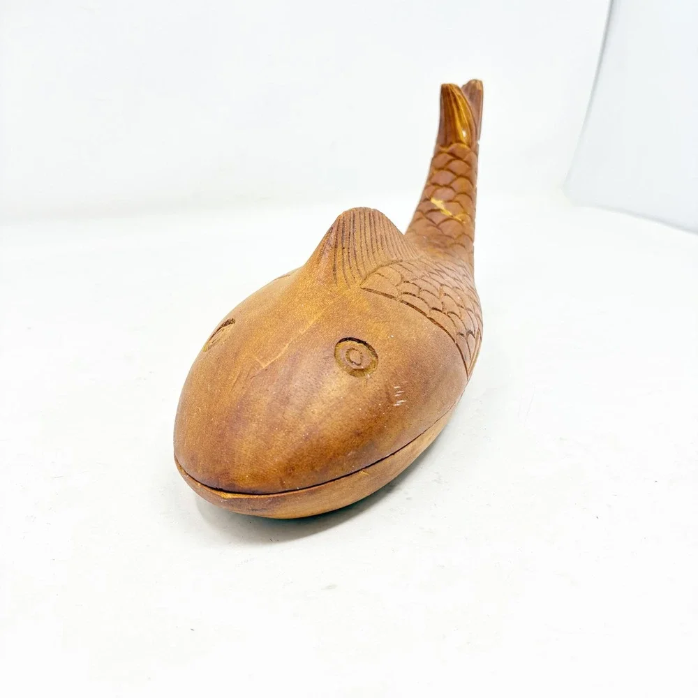 Hand Carved Wooden Fish Trinket Box Nautical‎ Coastal Decor Brown Storage 11.5in